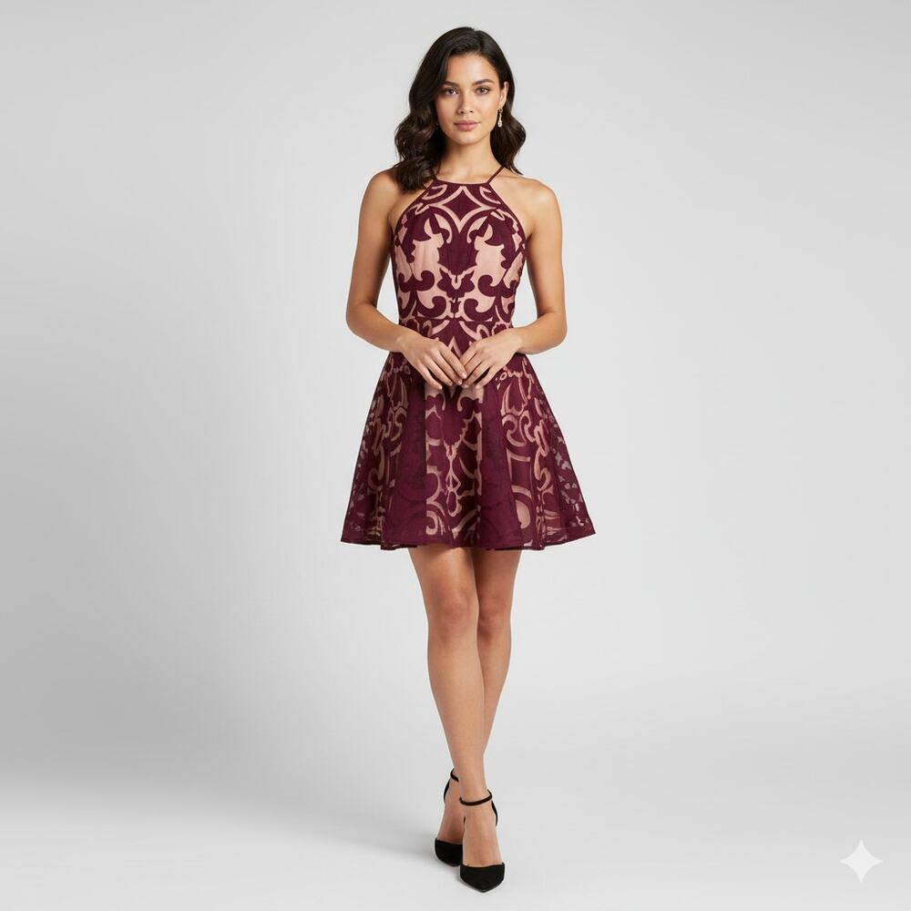 Keepsake XS Burgundy Nude Lace Halter Fit & Flare Mini Dress Party Cocktail